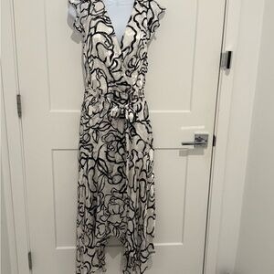 White House Black Market Black and White Wrap Midi Dress
